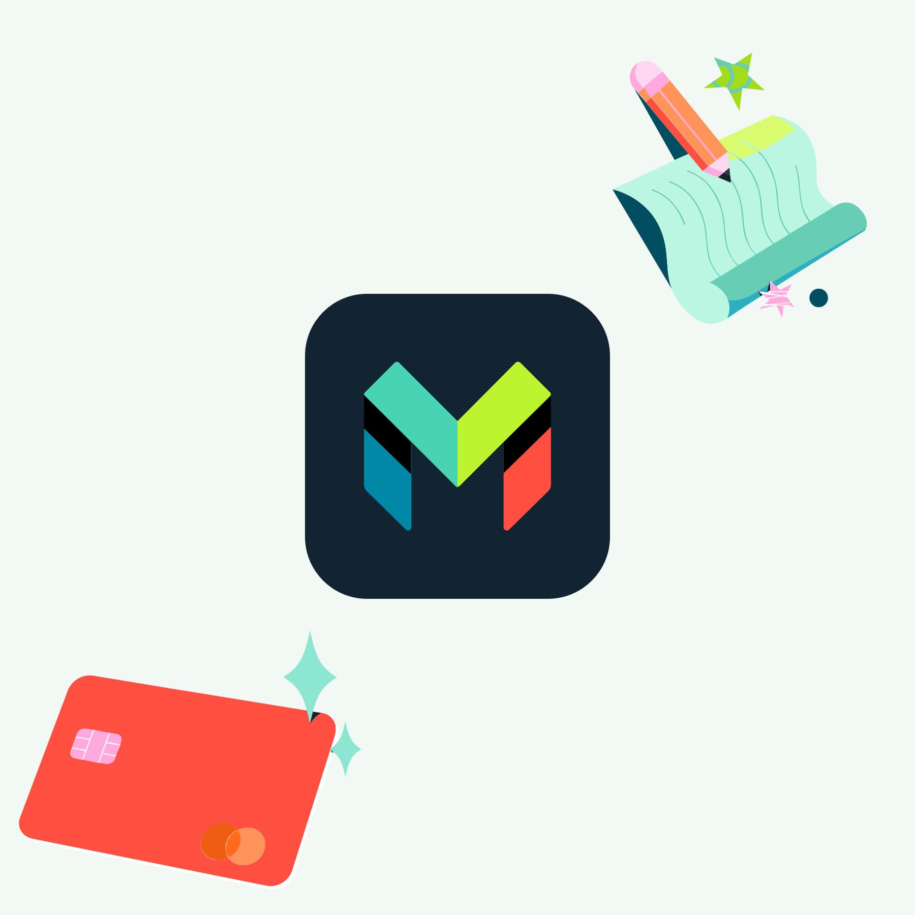 Monzo app icon with illustrated debit card and notification bell graphics on a light background