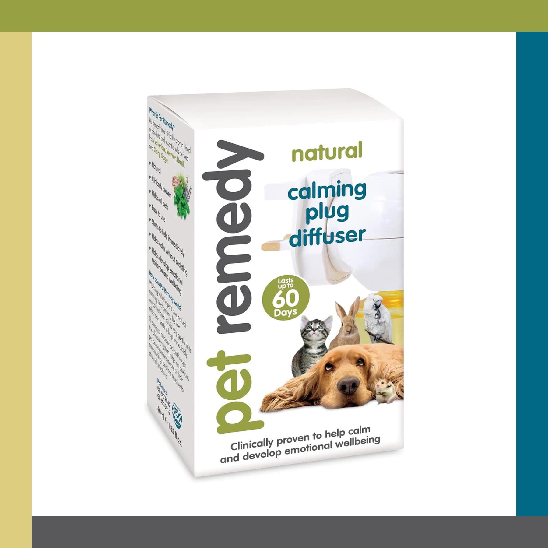 Pet Remedy natural calming plug diffuser box showing a dog, cat, rabbit, hamster, and parrot
