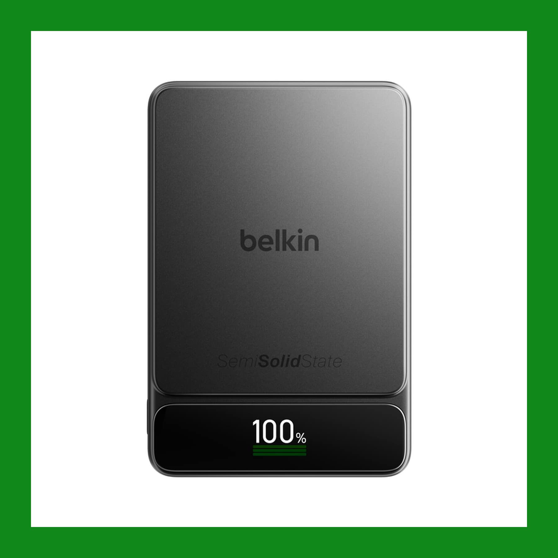 Belkin UltraCharge Pro 10K power bank in black with its display showing 100 per cent