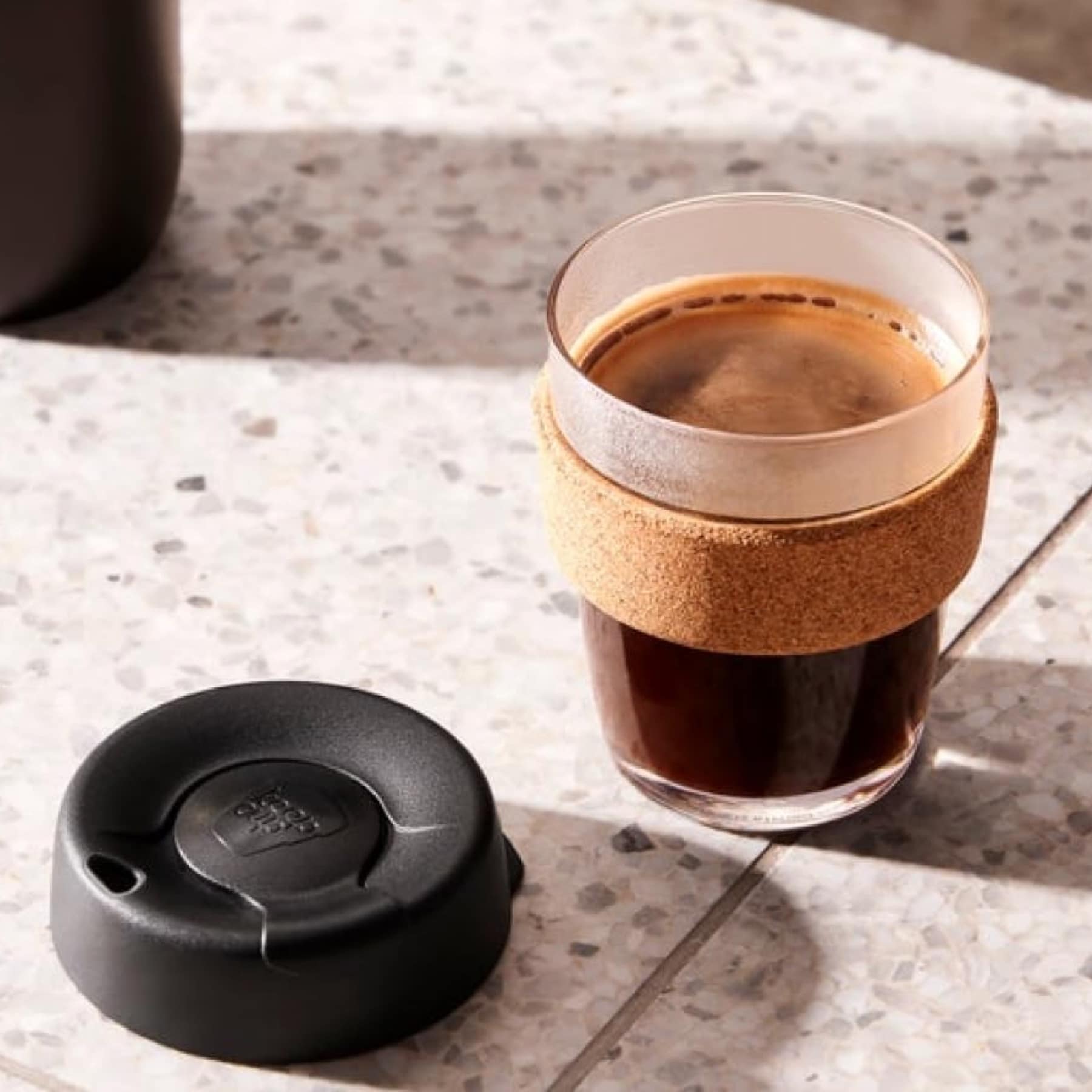 KeepCup Brew Cork glass reusable coffee cup with natural cork band and black lid