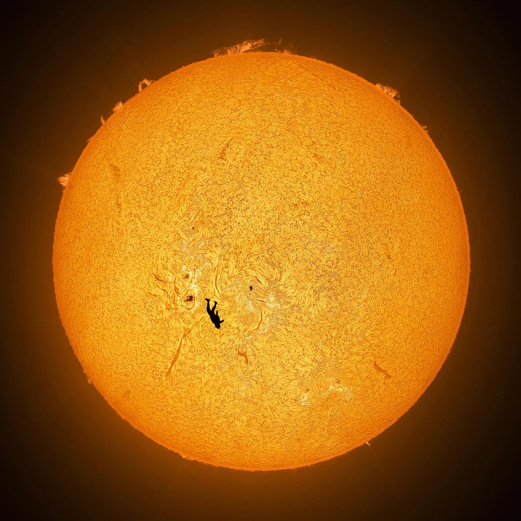 Andrew James McCarthy The Fall of Icarus print showing a tiny skydiver silhouette falling in front of the Sun’s fiery surface.