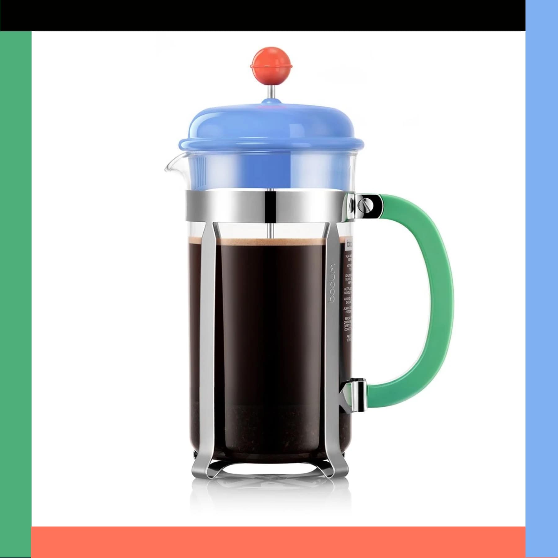 Bodum x MoMA Caffettiera French press with a pale blue lid, pastel green handle and red knob, full of coffee