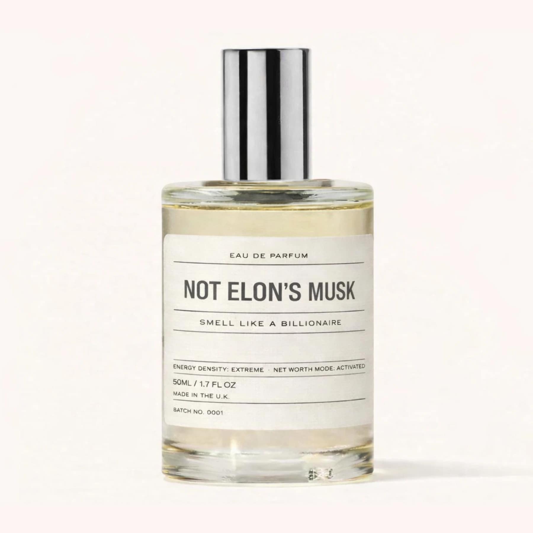 Not Elon’s Musk parody perfume bottle with minimalist label, unisex vegan luxury fragrance