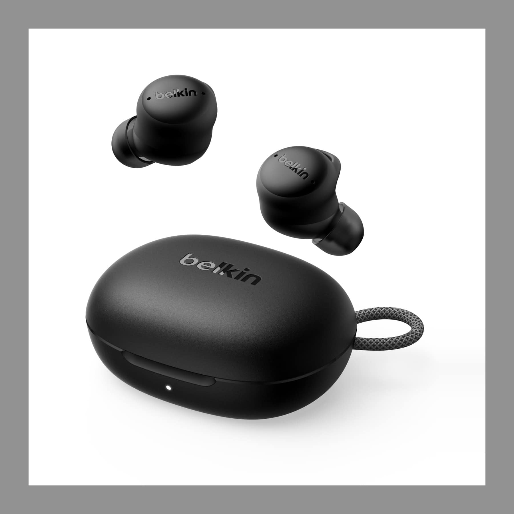 Belkin SoundForm Isolate Buds in black with their charging case and key ring