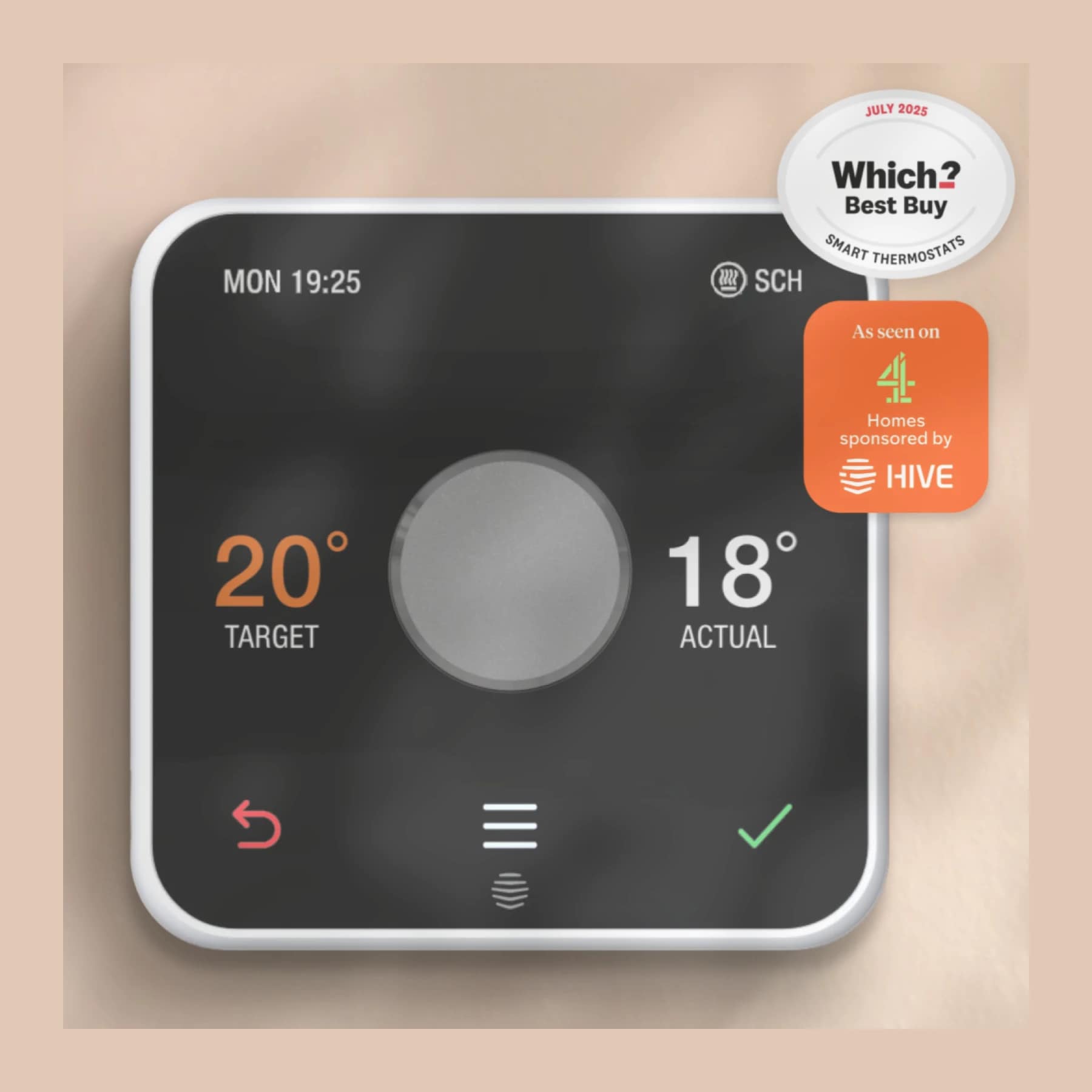 Hive Thermostat showing target temperature 20°C and actual 18°C, awarded Which? Best Buy July 2025