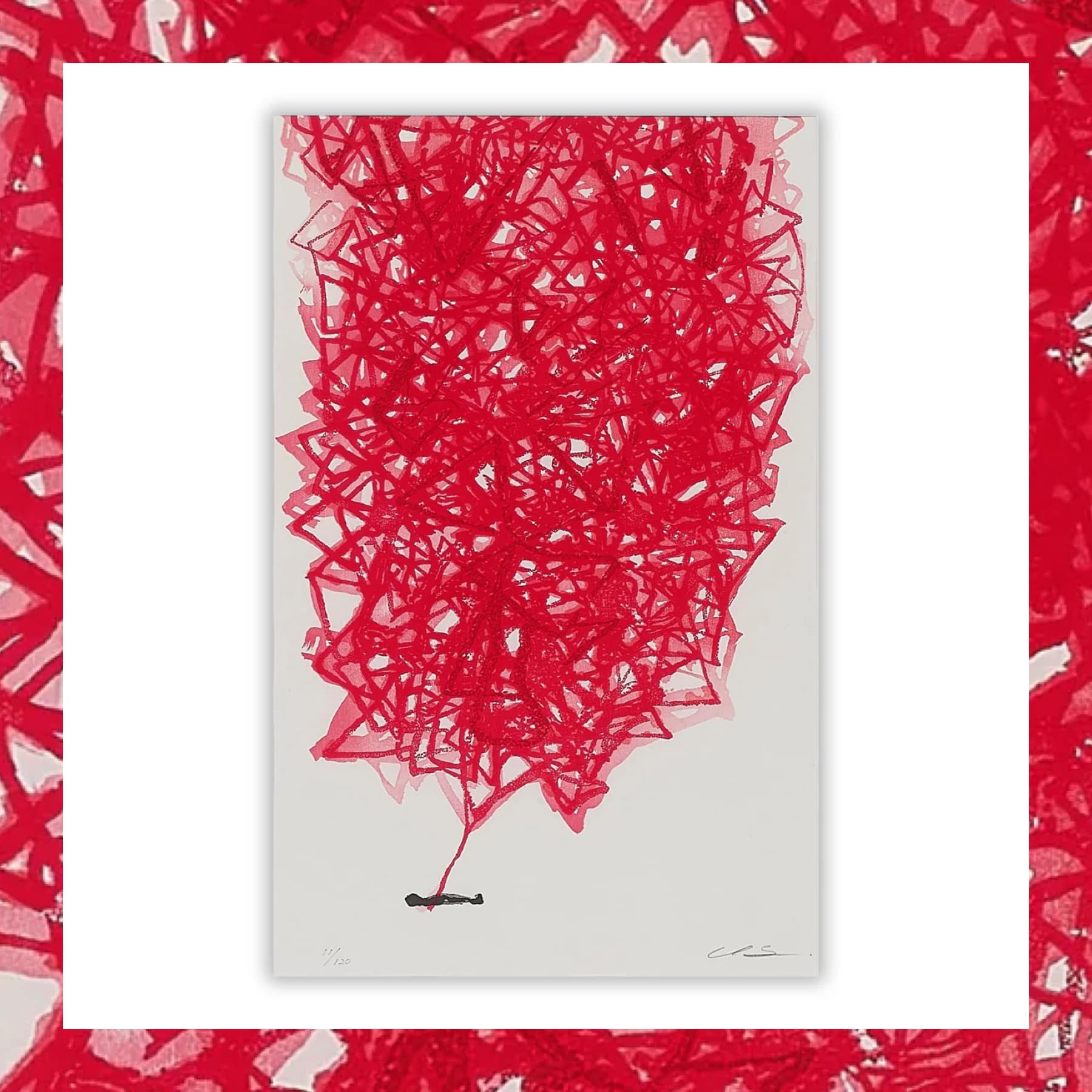 Chiharu Shiota Connected to the Universe Red Lines limited edition woodcut print with red thread pattern.