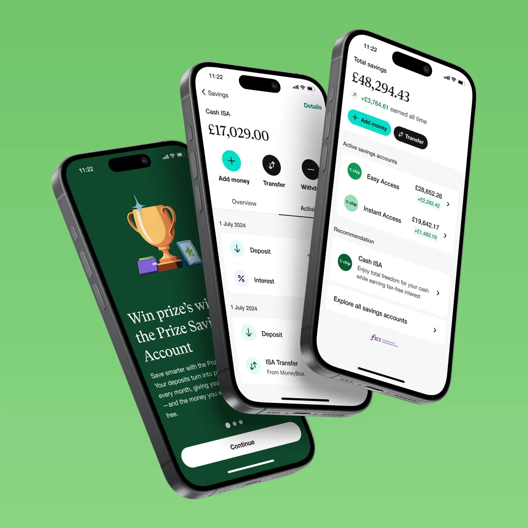 Three smartphones displaying the Chip savings app interface with balances and account options