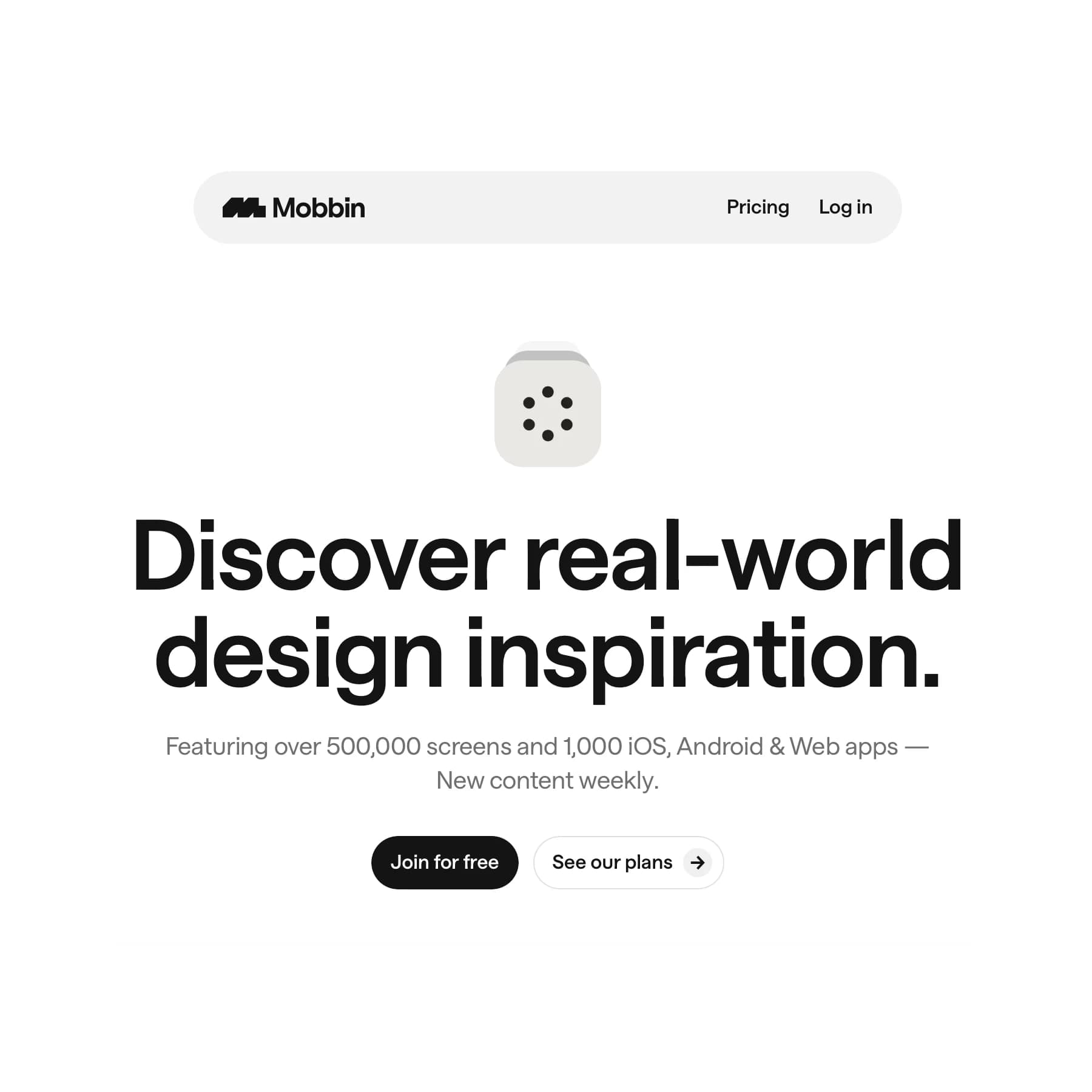 Mobbin homepage with headline Discover real-world design inspiration and Join for free button