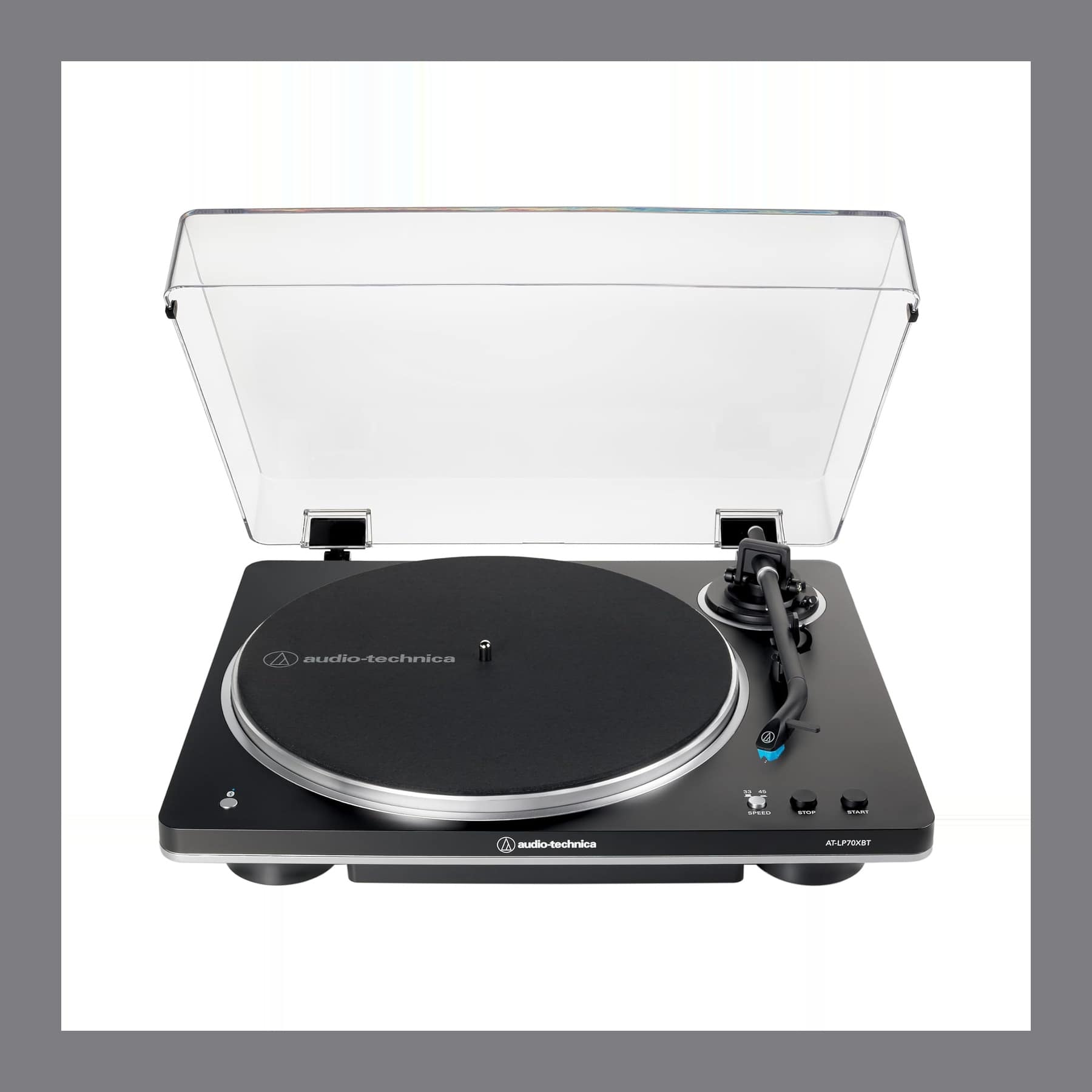 Audio-Technica AT-LP70XBT black and silver fully automatic belt-drive turntable with the dust cover raised