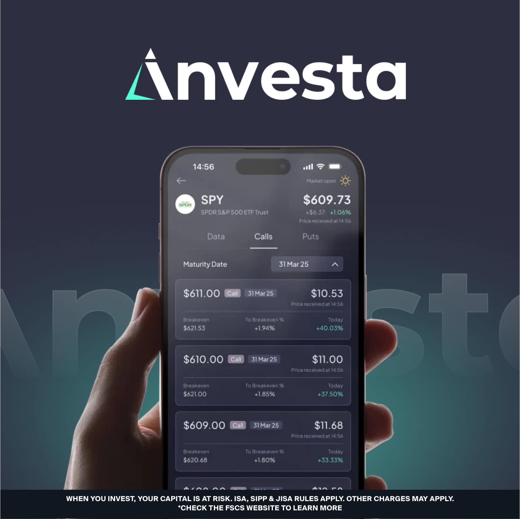 Investa app on an iPhone showing SPY call options with strike prices and premiums, below the Investa logo