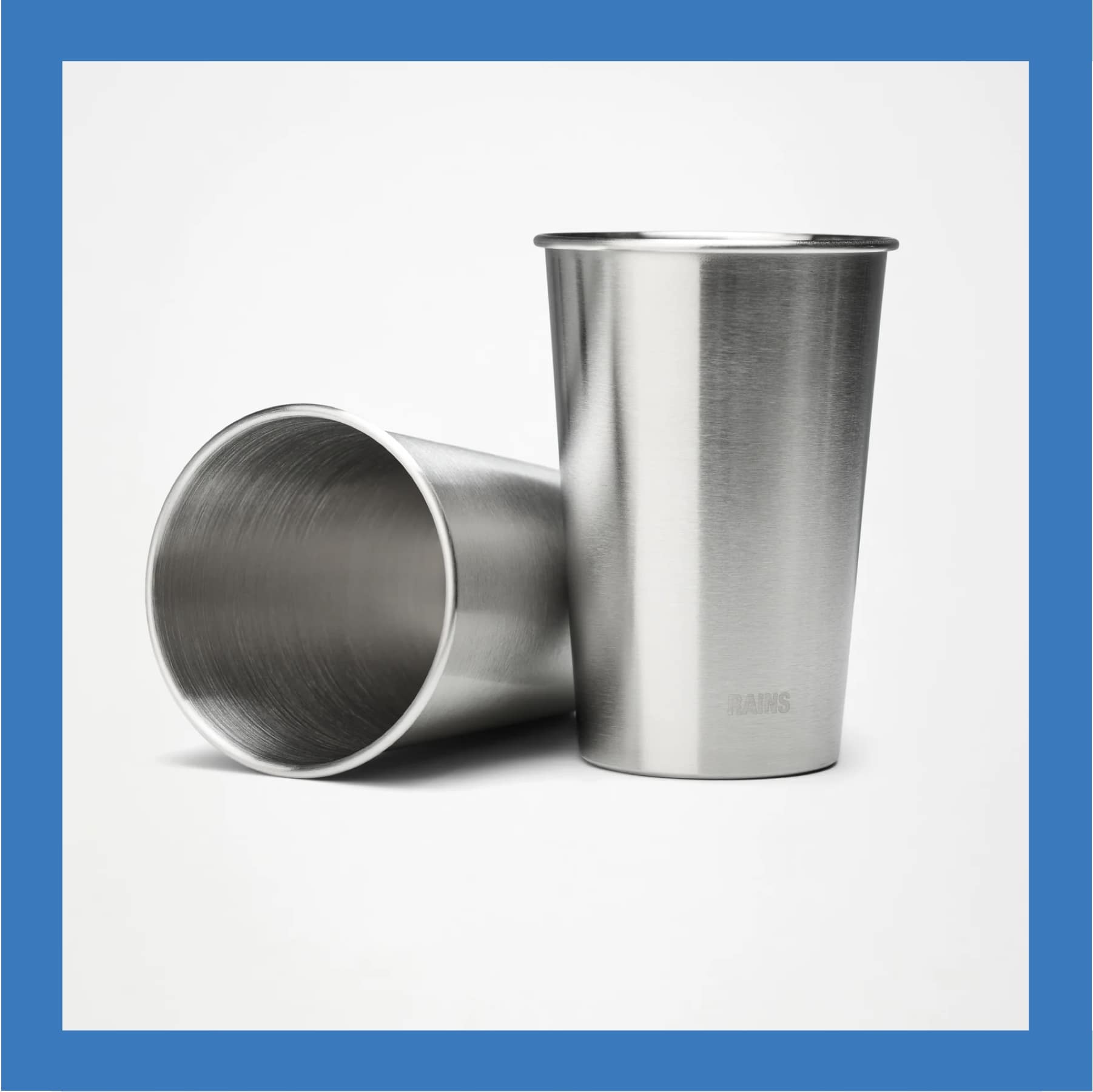 Two brushed steel Rains stainless steel cups from the 500ml two-pack, shown side by side
