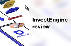 InvestEngine review: ETF provider logos floating above a phone showing the InvestEngine app