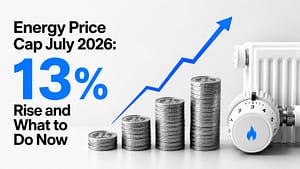 Stacks of pound coins rising in height beside a blue upward arrow and a radiator thermostat, illustrating the July 2026 energy price cap rise