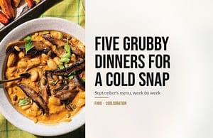 Bowl of creamy mushroom and butter bean stroganoff topped with pumpkin seeds, beside roasted parsnip and carrot wedges.