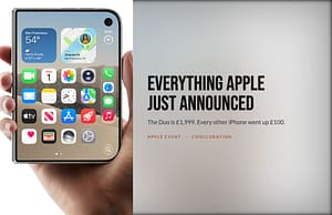 iPhone Duo held closed in one hand, beside the headline everything Apple just announced