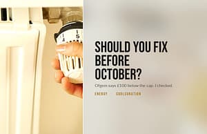 Hand turning down a white radiator thermostat valve, alongside the question of whether to fix an energy tariff before October 2026