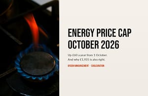Blue gas hob flame beside bold Energy Price Cap October 2026 text and the £60 a year rise