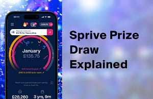 Sprive app home screen showing a January overpayment total of £135.75, beside the words Sprive Prize Draw Explained