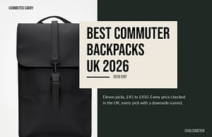 Editorial cover image showing the black Rains Backpack beside the headline Best Commuter Backpacks UK 2026