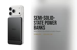 Belkin UltraCharge Pro 5K semi-solid-state power bank attached to the back of a white iPhone
