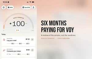 Voy app home screen beside the headline Six months paying for Voy