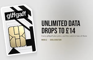 giffgaff SIM card beside the headline that unlimited data drops to £14