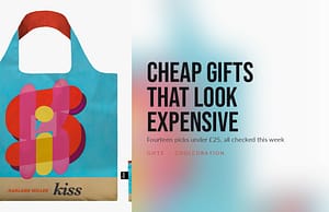 A Harland Miller Kiss tote bag beside the headline Cheap Gifts That Look Expensive