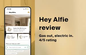 Hey Alfie app home screen on an iPhone, showing service tiles and a chat box asking what can I help you with