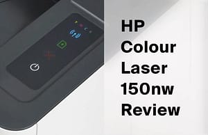 HP Colour Laser 150nw control panel showing the membrane power button and status LEDs, with review title text.