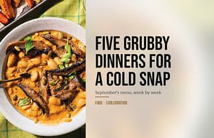 Bowl of creamy mushroom and butter bean stroganoff topped with pumpkin seeds, beside roasted parsnip and carrot wedges.