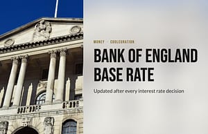 The Bank of England portico on Threadneedle Street, beside the headline Bank of England base rate