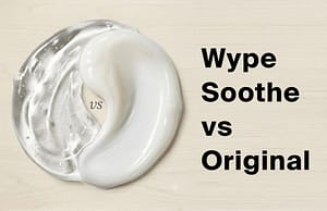 Wype Original vs Soothe: a clear gel and a creamy white gel shown in a split circle