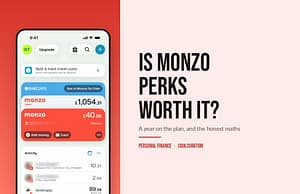 Monzo app home screen showing the Upgrade button, beside the headline Is Monzo Perks Worth It
