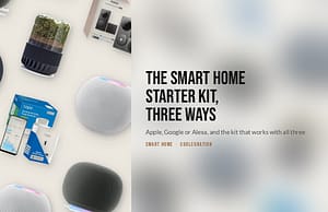 Flatlay of a HomePod mini, Google Home Speaker, Tapo plug, Aqara doorbell and Briiv 2 air filter