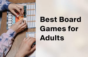 Two people playing a tile-laying board game beside the words Best Board Games for Adults