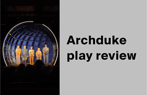 The five-strong Archduke cast take a curtain call in front of Es Devlin's tunnel set, lit by a bright halo arch