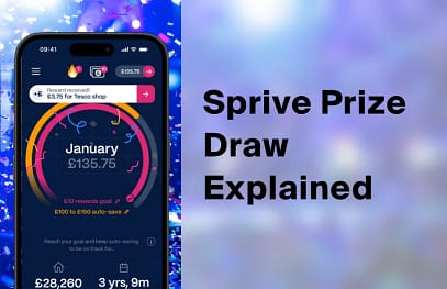 Sprive app home screen showing a January overpayment total of £135.75, beside the words Sprive Prize Draw Explained