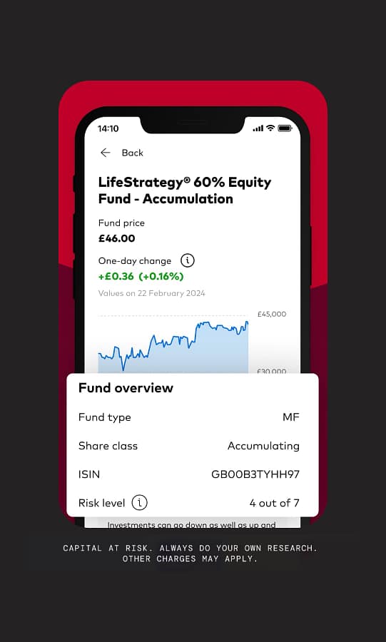 Vanguard Investor app screenshot on a dark background, shown in our best investment ISA guide