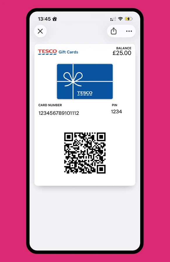 Tesco gift card in Apple Wallet showing a balance, card number and scannable QR code