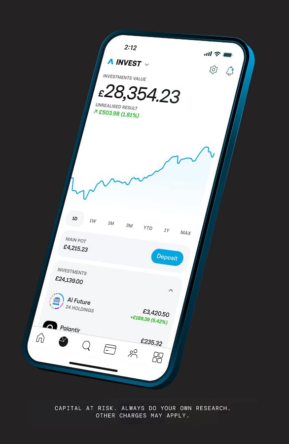 Trading 212 investing app screenshot on a dark background, shown in our best investment ISA guide
