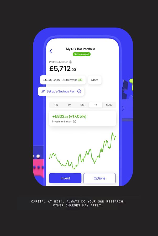 InvestEngine app screenshot on a dark background, shown in our best investment ISA guide