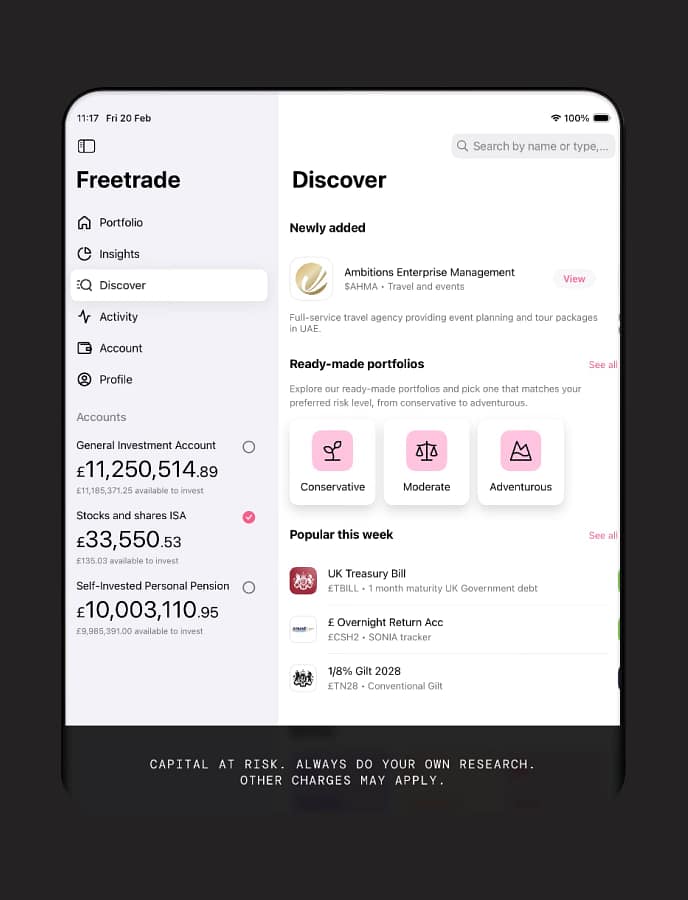 Freetrade app screenshot on a dark background, shown in our best investment ISA guide