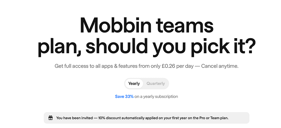 Mobbin Teams plan hero image showing yearly billing toggle and 10% discount applied to first year