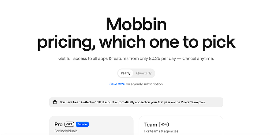 Mobbin pricing with 10% discount applied