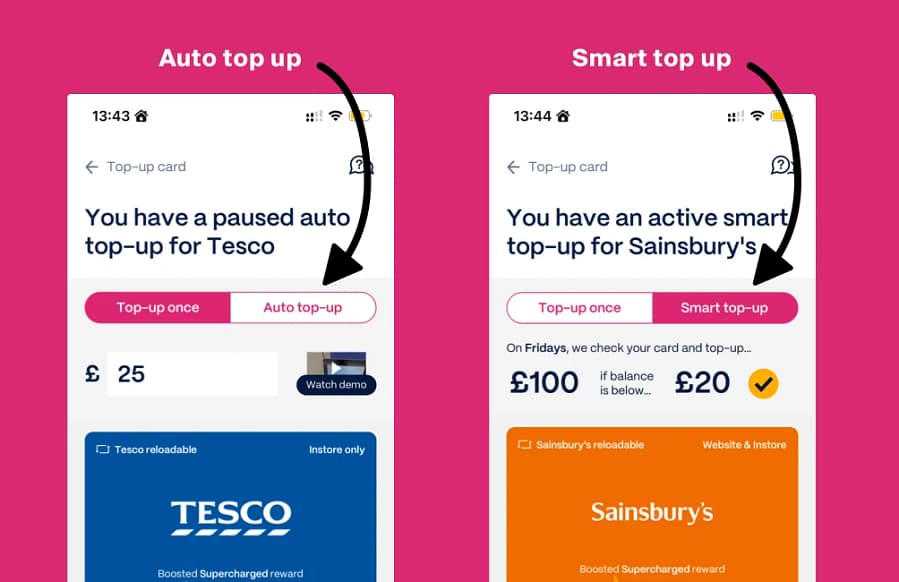 Two Sprive app screens comparing a paused Tesco auto top-up with an active Sainsbury's smart top-up
