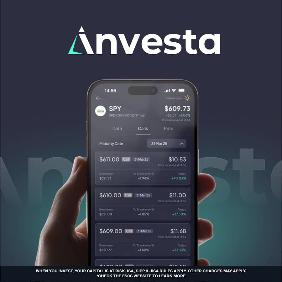 Investa app on an iPhone showing SPY call options with strike prices and premiums, below the Investa logo