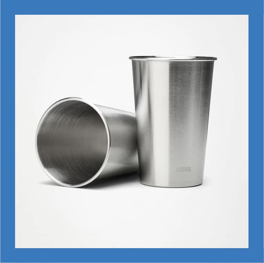 Two brushed steel Rains stainless steel cups from the 500ml two-pack, shown side by side