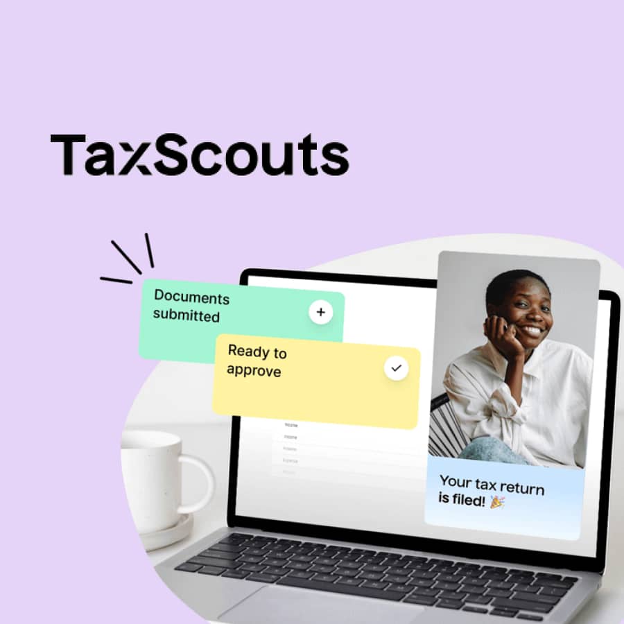 Laptop displaying TaxScouts with progress updates and a smiling user. Use our referral code to get 10% off your first tax return