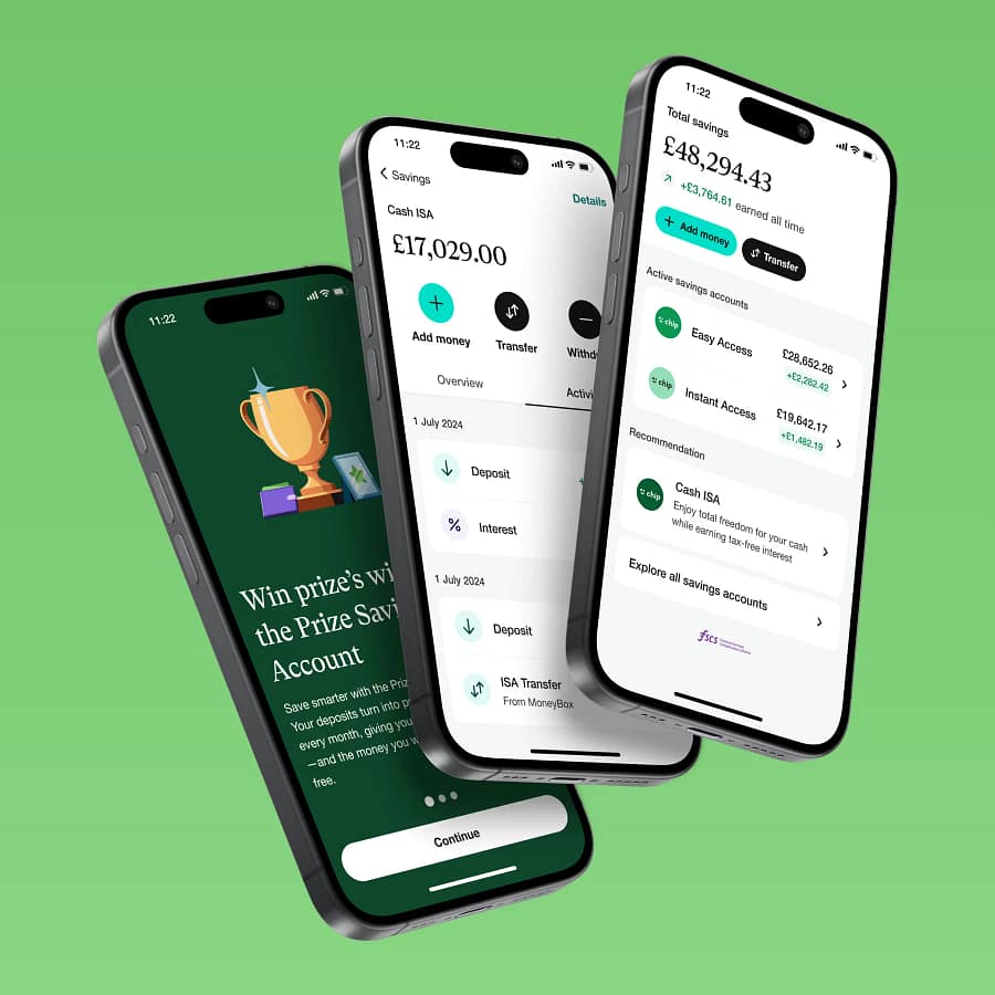 Three smartphones displaying the Chip savings app interface with balances and account options