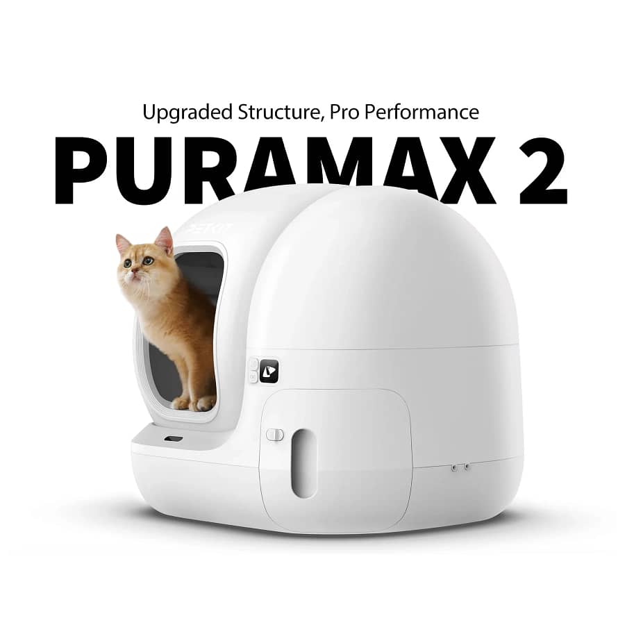 A cat stepping out of the PETKIT PuraMax 3, a sleek, automatic self-cleaning litter box with smart app control and advanced odor elimination